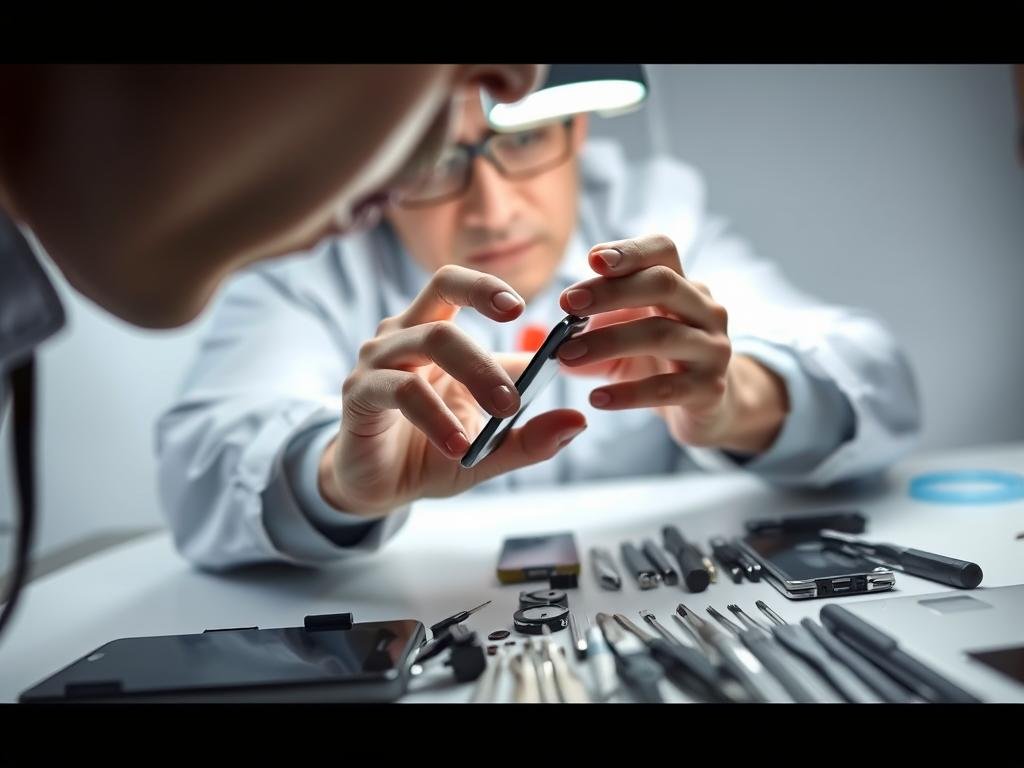 A technician intently examining a smartphone screen under bright, focused studio lighting. The foreground shows their hands delicately manipulating the device, inspecting it for issues. In the middle ground, an array of tools and spare parts are neatly laid out, ready to diagnose and fix any problems. The background features a clean, minimalist workspace with a muted color palette, emphasizing the technical nature of the task at hand. The overall mood is one of careful attention and professionalism, conveying the expertise required to troubleshoot and repair advanced touchscreen technology.