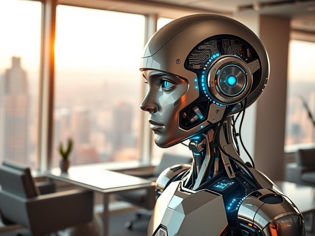 A thoughtful AI assistant stands in a sunlit workspace, its metallic frame gleaming with a polished sheen. The assistant's expression is one of deep concentration, its gaze fixed intently on a holographic display that hovers before it. Intricate circuits and components are visible within its transparent chassis, hinting at the advanced reasoning capabilities that lie within. The background is a minimalist, high-tech environment, with sleek furniture and a panoramic window overlooking a bustling cityscape. Warm lighting casts a soft, contemplative glow, creating an atmosphere of intellectual inquiry and problem-solving.
