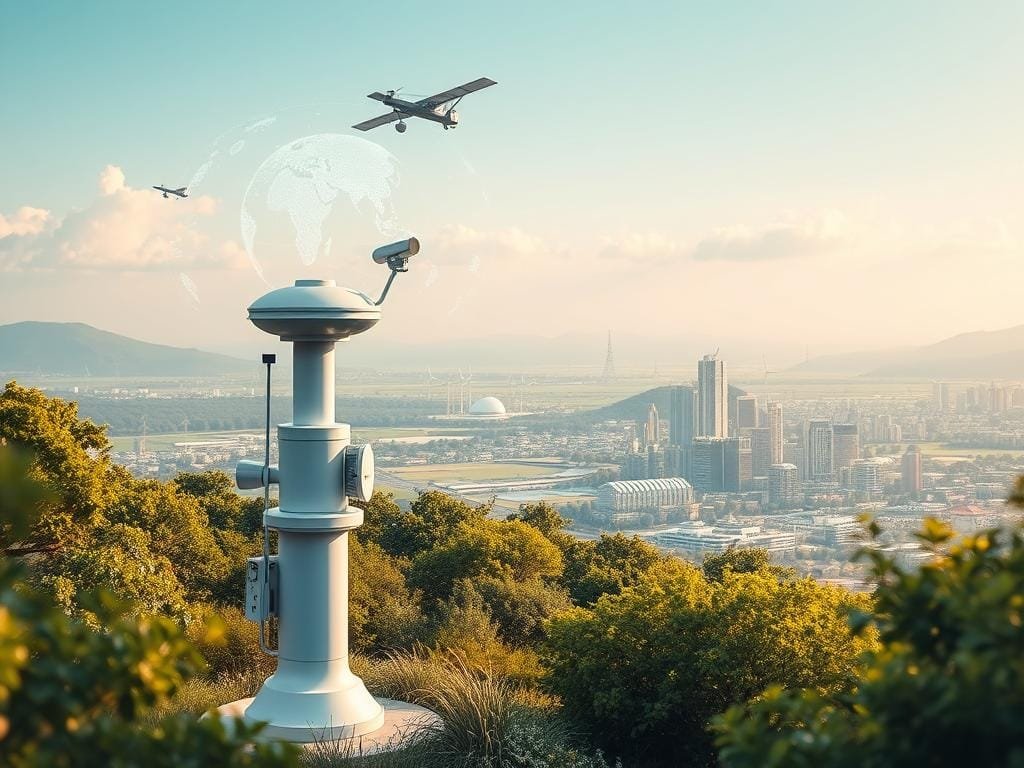 A tranquil landscape depicting the integration of AI-powered climate monitoring technology. In the foreground, a sleek, futuristic weather station stands amidst lush greenery, its sensors and instruments meticulously capturing environmental data. In the middle ground, a network of connected devices and satellites seamlessly transmit this information, visualized as a dynamic, holographic display. The background showcases a panoramic view of a thriving, sustainable city, where renewable energy sources and green infrastructure harmonize with the natural environment. The scene is bathed in warm, golden light, conveying a sense of hope and progress in the face of climate challenges. Precise, cinematic camera angles and depth of field accentuate the technological elegance and environmental harmony.
