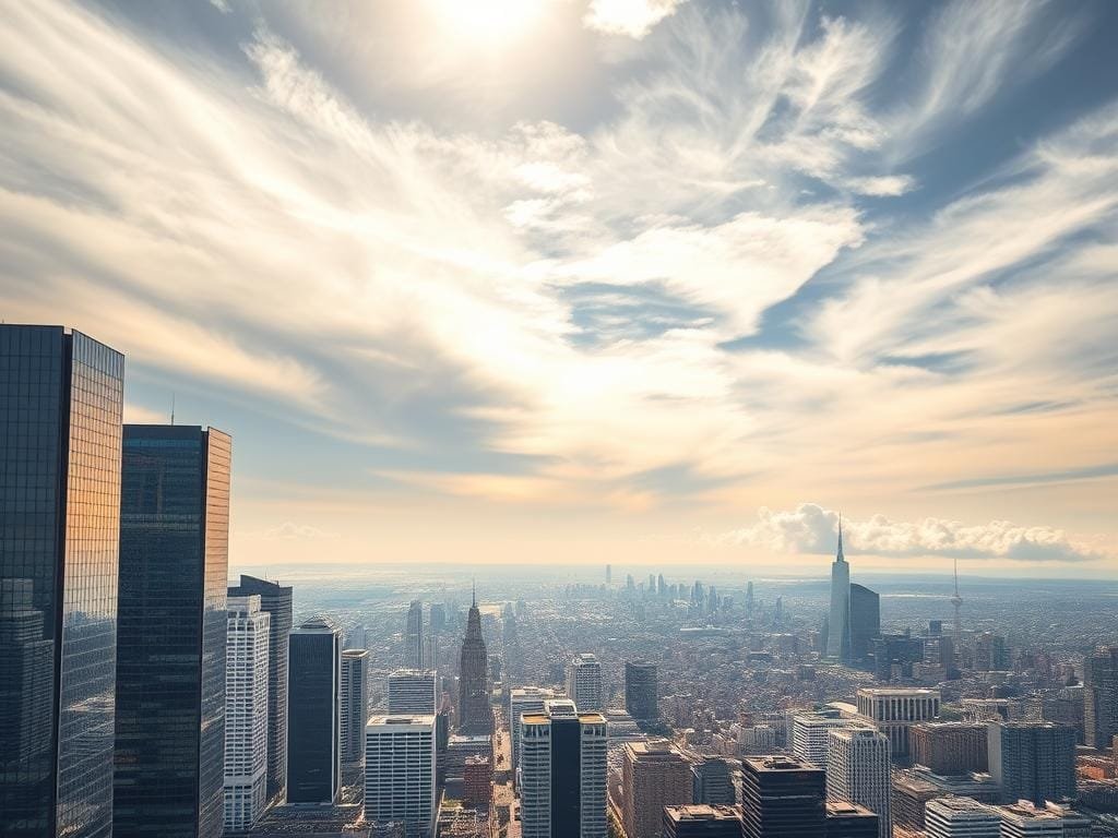 A vast, cloud-filled sky stretches above a bustling cityscape, representing the boundless scalability of cloud computing. In the foreground, towering skyscrapers reach towards the heavens, their glass facades reflecting the ever-changing clouds. Sunlight filters through the wispy cirrus formations, casting a warm, golden glow over the urban landscape. In the middle ground, a series of interconnected data centers stand as the backbone of the cloud infrastructure, their sleek, modern designs hinting at the immense processing power they possess. The background fades into a horizon line, where the boundaries between the physical and digital worlds blur, symbolizing the seamless integration of cloud services into the fabric of modern business.