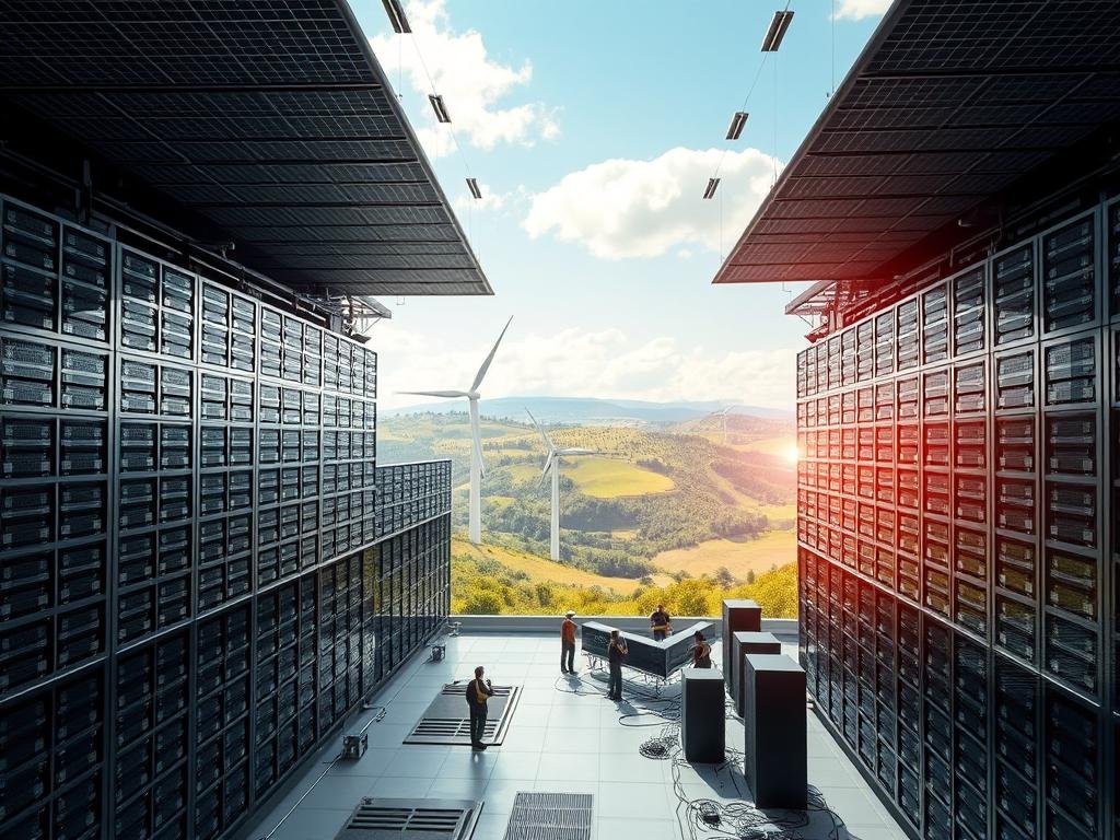 A vast data center nestled within a serene landscape, its towering server racks powered by an intricate network of solar panels and wind turbines, seamlessly blending renewable energy technologies. The facility's sleek, modern architecture reflects an ethos of sustainability, with clean lines and energy-efficient design. Sunlight filters through the expansive windows, casting a warm glow over the bustling interior, where teams of technicians monitor the systems that power this carbon-neutral oasis. In the distance, rolling hills dotted with lush greenery provide a natural backdrop, underscoring the harmony between technology and the environment.