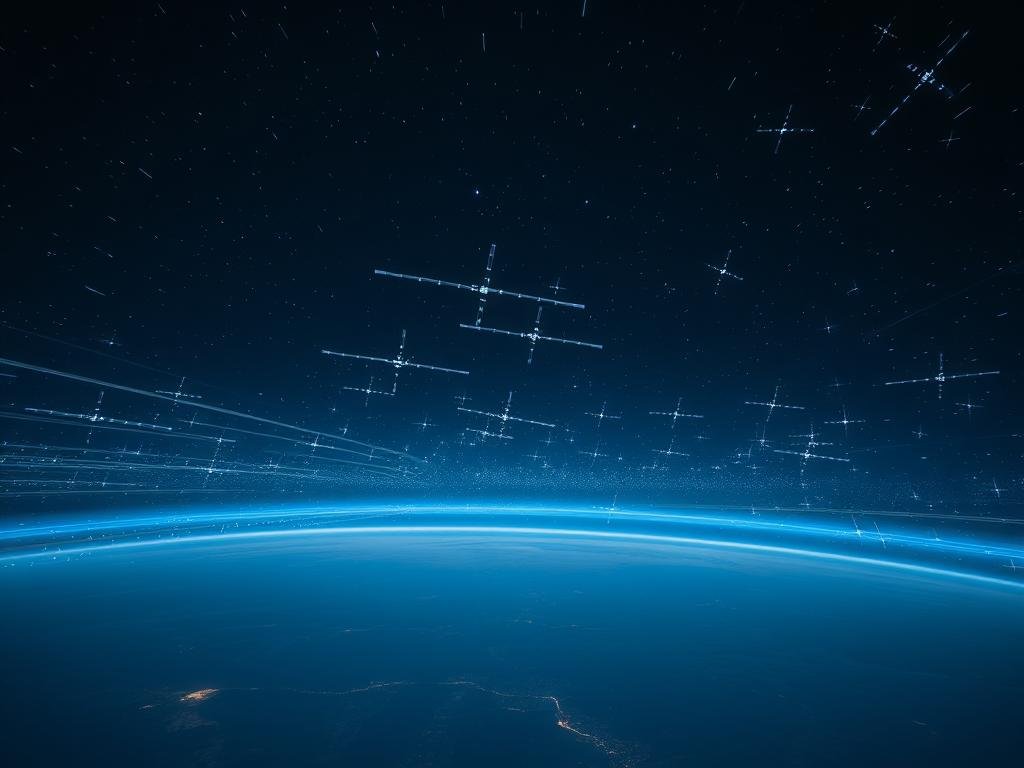 A vast expanse of the night sky, dotted with the ethereal glow of the Starlink satellite constellation. The satellites, precision-engineered by SpaceX, form a mesmerizing grid of connectivity, casting a soft, celestial illumination across the darkness. In the foreground, a glimpse of the Earth's curvature, hinting at the global reach of this ambitious project. Streaks of passing satellites trace paths through the heavens, a testament to the relentless march of technological progress. The scene is bathed in a cool, blue-tinged light, lending an air of scientific detachment and wonder. Beneath the satellite array, the silhouettes of cities and landmasses emerge, suggesting the profound impact of this network on the lives of people around the world.