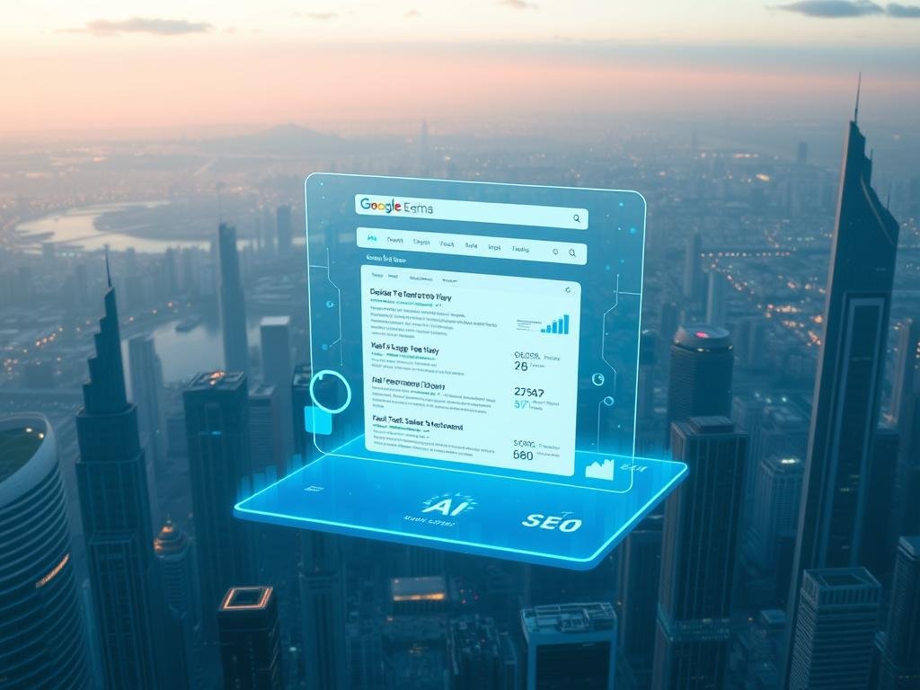 A vast, futuristic cityscape stretches across the horizon, with towering skyscrapers and sleek, angular structures. In the foreground, a holographic display hovers, showcasing a search engine results page (SERP) with a prominent AI-generated overview section. The display casts a soft, ethereal glow, illuminating the scene with a bluish hue. Surrounding the SERP are glowing data visualizations, highlighting the impact of AI on search engine traffic and SEO. The atmosphere is one of technological advancement, both captivating and unsettling, as the viewer contemplates the transformative power of AI in the digital landscape.