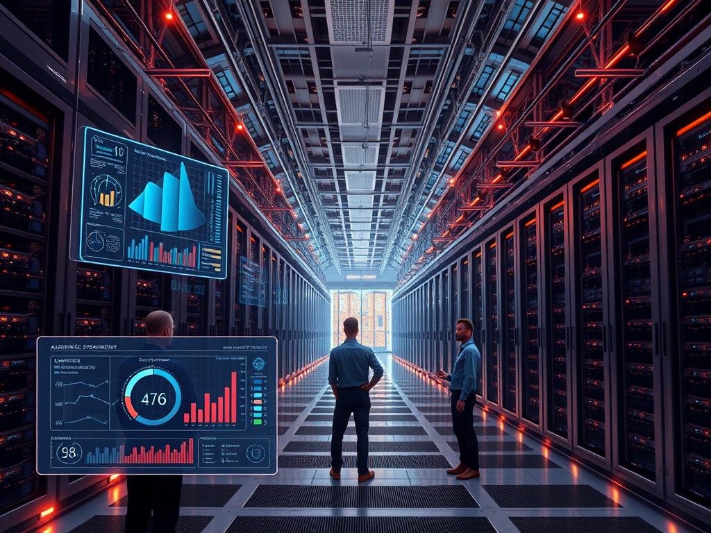 A vast, futuristic data center, its servers and cooling towers bathed in a warm, ambient glow. In the foreground, a holographic dashboard displays real-time analytics, algorithms optimizing power usage and resource allocation. In the middle ground, technicians monitor the system, adjusting parameters with sweeping hand gestures. The background reveals the sleek, angular architecture, efficient heat sinks and renewable energy sources powering this state-of-the-art facility. An air of tranquility and control pervades the scene, as the AI-driven management platform seamlessly orchestrates the data center's operations, maximizing efficiency and sustainability.