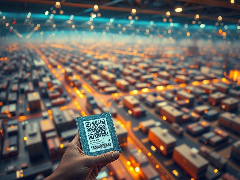 A vast, interconnected network of supply chain nodes, each a virtual hub of traceability data. In the foreground, a digital product passport shimmers with blockchain-powered transparency, its QR code a gateway to a world of provenance and sustainability metrics. The middle ground teems with IoT sensors, scanning and logging at every handoff, creating an unbroken chain of custody. In the background, a sprawling web of logistical connections, powered by real-time data flows, optimizing routes and minimizing waste. Warm, diffused lighting casts a sense of holistic efficiency, while a shallow depth of field emphasizes the centrality of the digital passport's role in this dynamic, technologically-enabled supply chain ecosystem.
