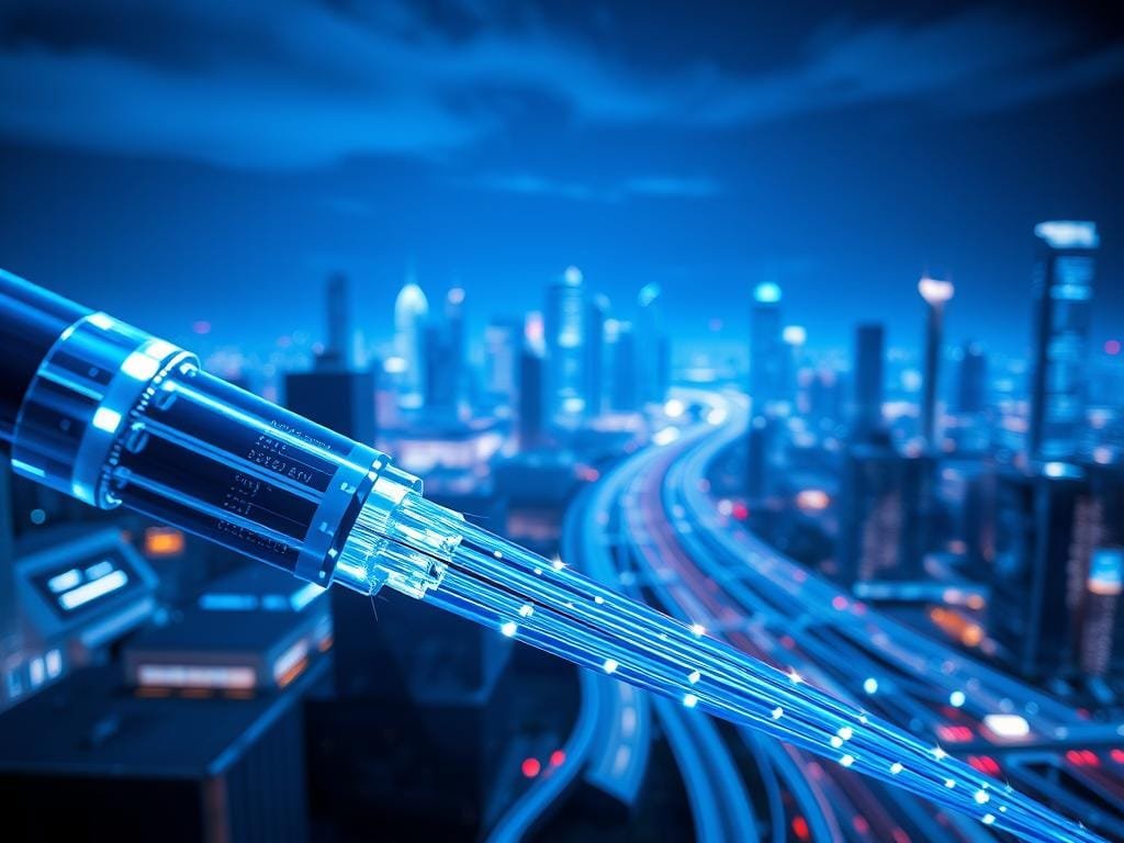 A vibrant and dynamic illustration of fiber optic internet, with intricate cable lines glowing with an electric blue hue, illuminating a sleek, futuristic cityscape in the background. The foreground features a close-up view of a fiber optic cable, its individual strands visible and pulsing with data transmissions. The middle ground showcases a network of fiber optic cables weaving through the urban landscape, conveying the vast and interconnected nature of this high-speed internet infrastructure. Dramatic lighting casts long shadows, creating a sense of depth and emphasizing the technological prowess of fiber optic technology. The overall mood is one of power, efficiency, and the unstoppable march of progress.
