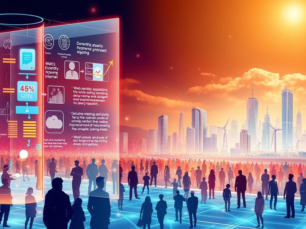 A vibrant and dynamic illustration of the benefits of Web3 technology. In the foreground, a holographic interface showcases decentralized applications, secure data storage, and seamless peer-to-peer transactions. The middle ground features a diverse array of people, representing the inclusive and accessible nature of the decentralized internet. In the background, a cityscape with towering skyscrapers and renewable energy sources symbolizes the transformative potential of Web3 to revolutionize industries and infrastructure. The scene is illuminated by a warm, golden glow, conveying a sense of optimism and progress. The entire composition is rendered with a high level of detail, depth, and photorealism, capturing the innovative and empowering spirit of Web3.