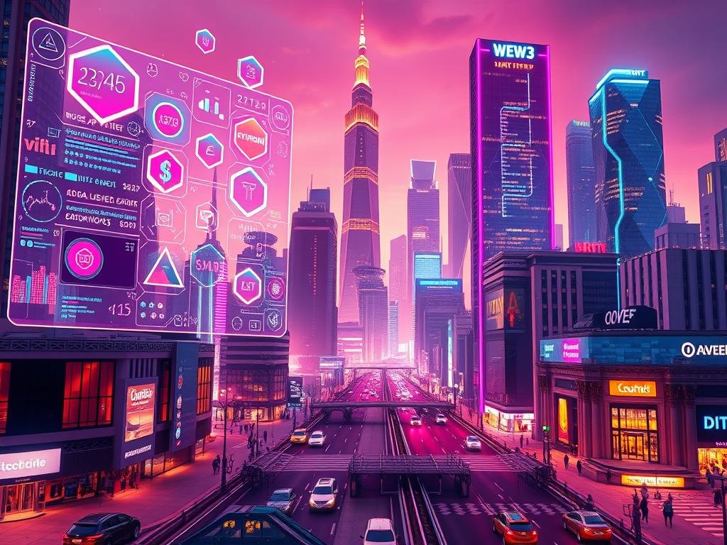 A vibrant, futuristic cityscape of Web3 applications. In the foreground, a holographic interface showcases decentralized finance apps, cryptocurrencies, and NFT marketplaces. Floating data cubes and dynamic visualizations fill the air, hinting at the power of blockchain technology. In the middle ground, autonomous vehicles and smart city infrastructure blend seamlessly with traditional architecture. Towering skyscrapers in the background sport neon-lit facades, their designs inspired by the organic, interconnected nature of the decentralized web. The scene is bathed in a warm, neon-tinged glow, creating an atmosphere of innovation and limitless potential.