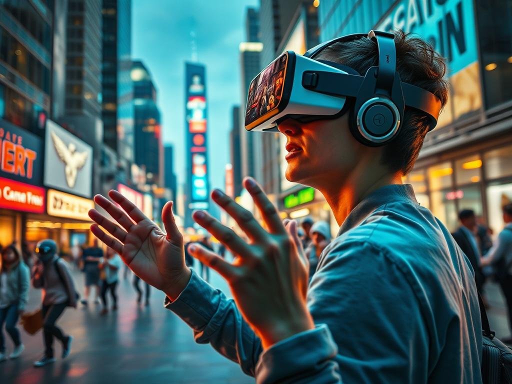 A vibrant, immersive AR gaming experience unfolds in a lively urban setting. In the foreground, a player wearing a sleek AR headset is fully engaged, their hands gesturing as digital elements seamlessly integrate with the physical environment. Holographic projections, interactive interfaces, and virtual characters populate the middle ground, blurring the boundaries between the real and the virtual. The background showcases a bustling cityscape, skyscrapers, and pedestrians, all bathed in dynamic lighting that enhances the sense of depth and realism. The scene conveys a captivating blend of technology, interactivity, and the excitement of next-generation gaming.