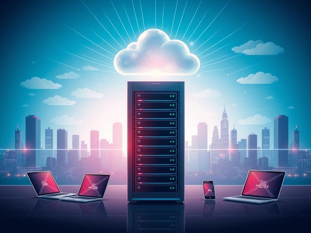 A vibrant, technologically-advanced illustration showcasing the fundamentals of cloud computing. In the foreground, a sleek, minimalist server rack stands as the centerpiece, its modular components symbolizing the scalable nature of cloud infrastructure. Rays of light emanate from the server, illuminating a floating, transparent data cloud above it, representing the seamless storage and processing of digital information. In the middle ground, various devices - laptops, smartphones, tablets - are connected to the cloud, illustrating the ubiquitous access and flexibility of cloud-based services. The background features a cityscape, with skyscrapers and a bright, futuristic skyline, conveying the global reach and transformative impact of cloud computing on modern business. The scene is rendered in a cool, high-tech color palette, evoking a sense of sophistication and innovation.