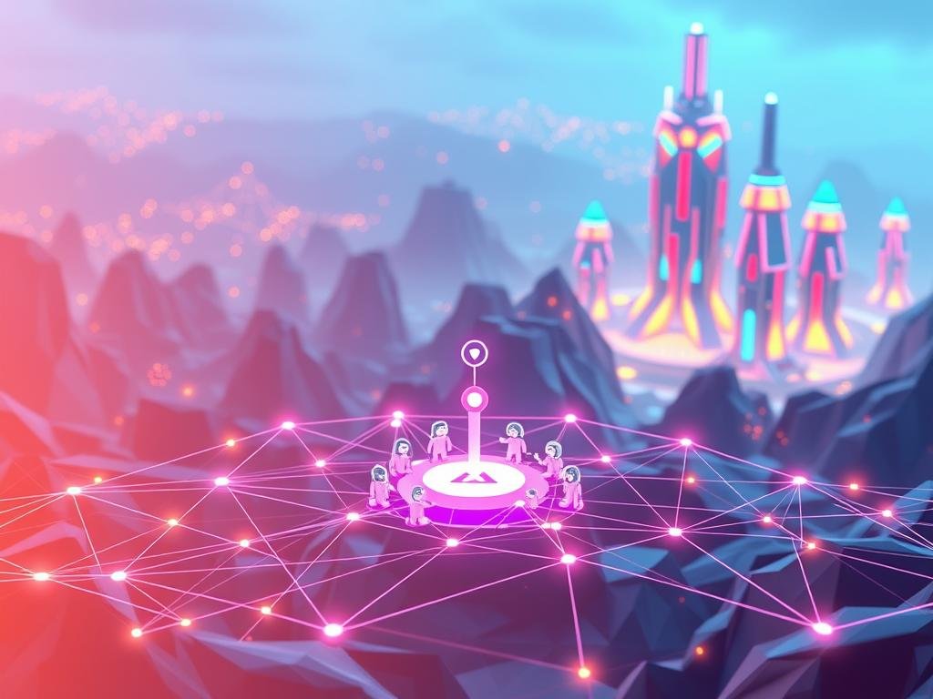 A vibrant, three-dimensional illustration of a decentralized autonomous organization (DAO) structure. In the foreground, a sleek, interconnected network of polygonal shapes and lines representing the decentralized decision-making processes, smart contracts, and community-driven governance. In the middle ground, a cluster of holographic nodes and icons symbolizing the various roles, proposals, and voting mechanisms that empower DAO participants. In the background, a futuristic, neon-lit landscape with towering blockchain-inspired architecture, conveying the immersive, digital-native environment of a DAO. The overall scene is illuminated by a warm, diffused light, creating a sense of depth, dynamism, and technological sophistication.