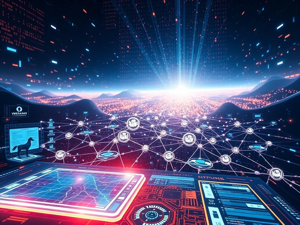 A visually striking and technically complex illustration of the evolution of web3 technology. In the foreground, a futuristic interface with holographic displays, blockchain ledgers, and decentralized applications. In the middle ground, a network of interconnected nodes, representing the distributed infrastructure of web3. In the background, an ethereal, glowing landscape of data streams and cryptographic protocols, evoking the decentralized and transparent nature of the new internet paradigm. Dramatic lighting casts dramatic shadows, creating a sense of depth and dynamism. The image should convey a sense of awe, wonder, and the profound technological shift taking place.