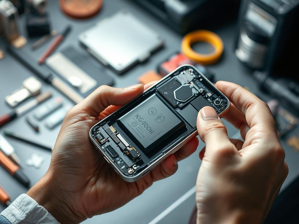 A well-lit, close-up photograph of a smartphone being held by a pair of human hands in a professional repair workshop setting. The phone appears to be disassembled, with various tools and components visible around it, suggesting an ongoing diagnostic or repair process. The focus is on the phone's internal components, particularly the battery and thermal management system, with a sense of technical expertise and care conveyed through the composition and lighting. The overall mood is one of problem-solving and finding solutions to the issue of smartphone overheating.