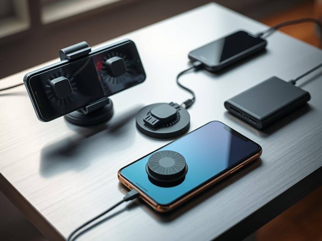 A well-lit close-up shot of various phone cooling accessories arranged on a sleek, metallic surface. In the foreground, a high-tech phone mount with integrated fans gently blowing air onto a smartphone. In the middle ground, a small, discreet clip-on cooling fan and a wireless charging pad with built-in heat dissipation. In the background, a slim, portable power bank with advanced heat management features. The overall mood is one of modern, high-tech solutions to keep phones running cool and comfortable during intensive gaming sessions.