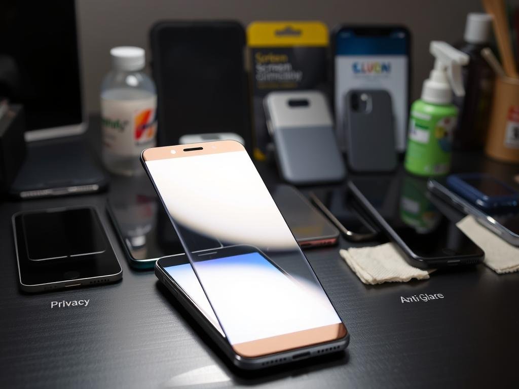 A well-lit desktop scene showcasing various touchscreen protection methods. In the foreground, a smartphone is displayed with a clear tempered glass screen protector installed, reflecting the light. In the middle ground, a selection of screen protector types are arranged, including matte, privacy, and anti-glare variants. In the background, a variety of smartphone cases with integrated screen guards are visible, along with a bottle of screen cleaning solution and a microfiber cloth. The overall mood is one of clarity, protection, and attention to detail, conveying the importance of safeguarding touchscreen devices.