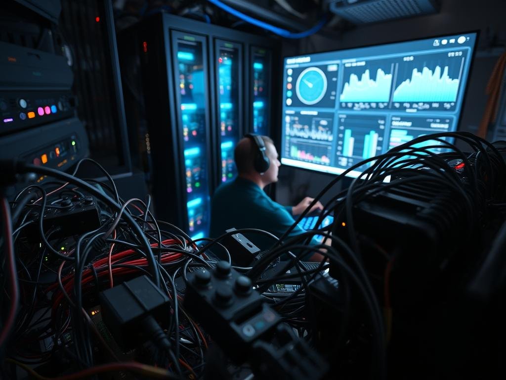 A well-lit, high-angle photograph capturing the testing methodology for cloud gaming performance. In the foreground, a tangle of networking cables, controllers, and devices create a technological landscape. In the middle ground, a technician carefully monitors performance metrics on a large display, their face illuminated by the glow of the screen. The background features a sophisticated server rack, blinking lights and fans hinting at the complex infrastructure powering the cloud gaming experience. The overall mood is one of focused, meticulous testing, underscoring the rigor and attention to detail required to assess the latency and responsiveness of these emerging platforms.