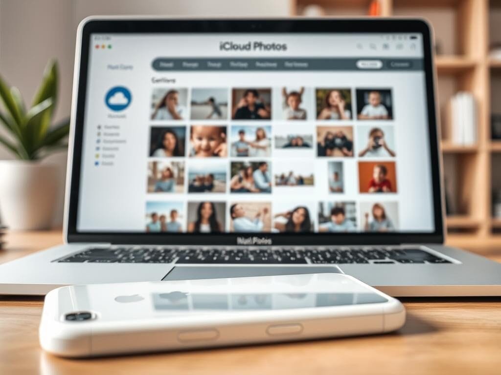 A well-lit, minimalistic setup of the iCloud Photos interface on a sleek, silver Macbook Pro. The screen displays a clean, organized gallery of family photos and videos, with intuitive navigation controls and cloud sync icons. In the foreground, a pristine white iPhone rests, its camera lens reflecting the scene. The background is a serene, blurred office setting, with a potted plant and a bookshelf visible, conveying a sense of a productive, tranquil workspace. The overall atmosphere is one of effortless digital organization and preserving cherished memories.