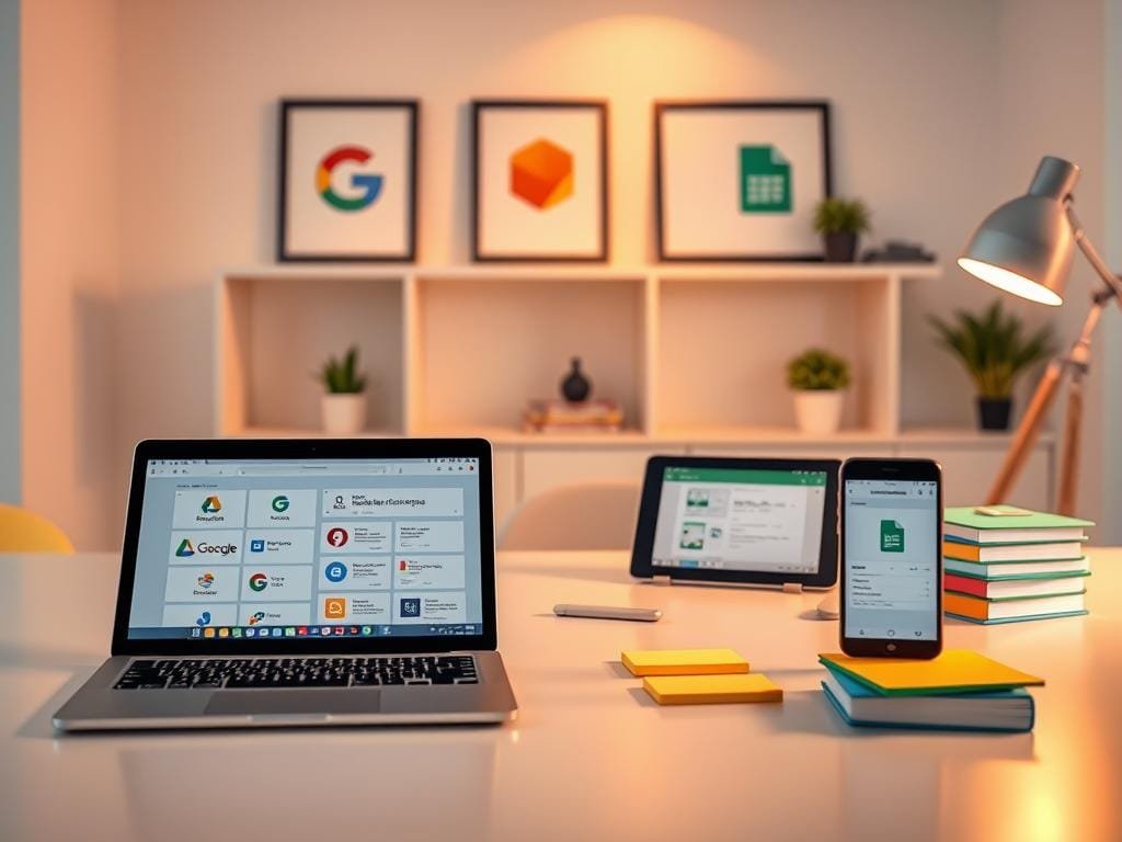 A well-lit workspace with a sleek, modern desk showcasing a variety of Google productivity tools. In the foreground, a Chromebook and a smartphone display various Google Drive, Google Docs, and Google Sheets interfaces. In the middle ground, a tablet and a stack of colorful sticky notes hint at collaborative workflows. The background features minimalist shelving and framed illustrations of Google's iconic product logos, creating a cohesive, professional atmosphere. Warm, directional lighting accentuates the clean, streamlined design of the office setup, conveying a sense of productivity and efficiency.