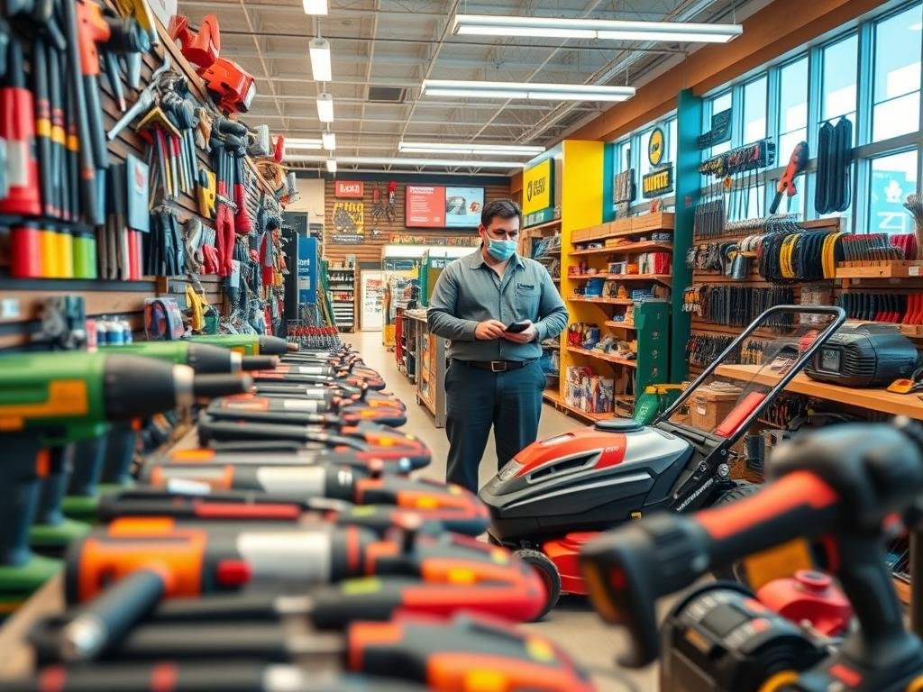 a well-stocked hardware store, its shelves brimming with tools, nails, and diy essentials. the foreground showcases a range of power tools, their sleek designs and vibrant colors commanding attention. in the middle ground, an employee assists a customer, patiently explaining the features of a new lawn mower. the background reveals a spacious, well-lit showroom, with aisles of gleaming home improvement supplies and friendly staff ready to lend a hand. warm, natural lighting filters through large windows, creating a welcoming atmosphere for anyone seeking the perfect project partner.