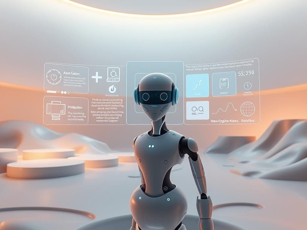 an advanced augmented reality interface with virtual assistants, ai-powered contextual apps, and futuristic device controls hovering in a sleek, minimalist ios19 environment. soft, ambient lighting illuminates a stylized, metallic-accented landscape with holographic data visualizations and adaptive ui elements. in the foreground, a sophisticated ai agent projects customized information and intelligent recommendations, seamlessly integrated with the user's digital life. the scene conveys a vision of ios19's transformative ai and machine learning capabilities, blending physical and digital realms for a fluid, intelligent user experience.