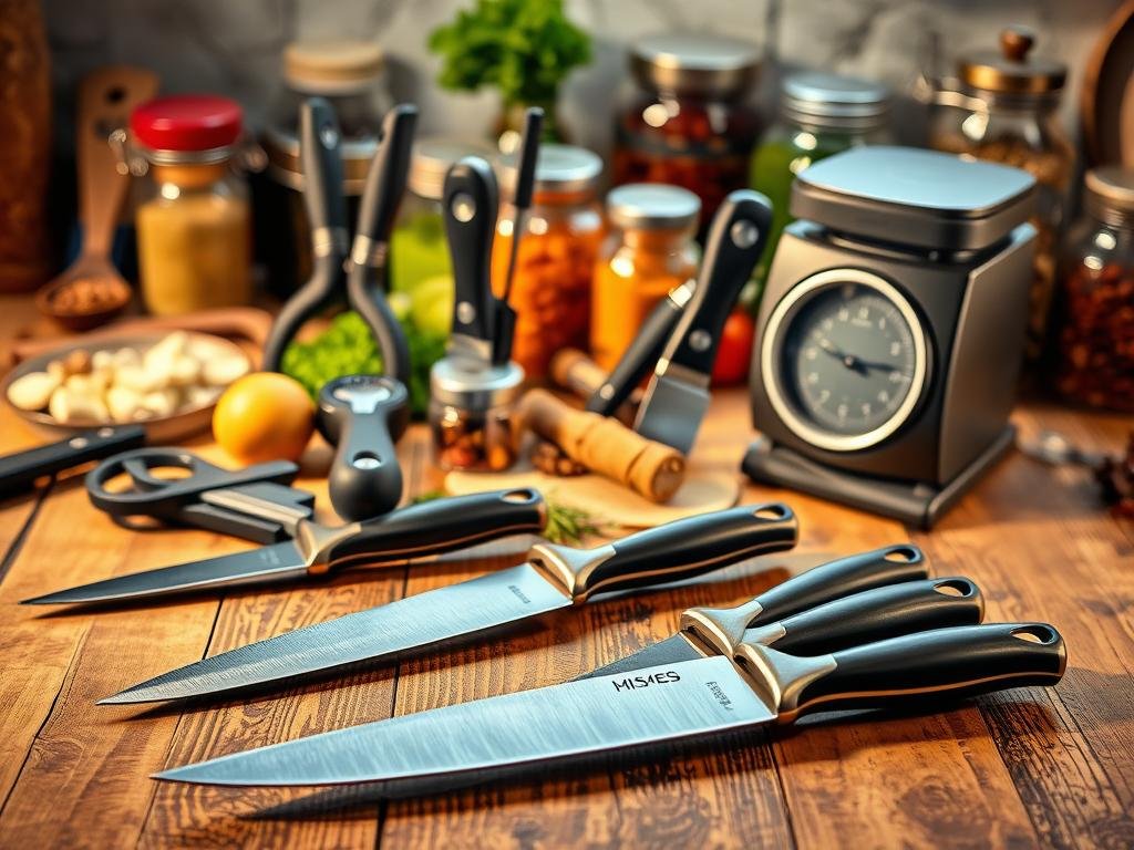 An assortment of specialty kitchen tools arranged artistically on a rustic wooden surface, bathed in warm, inviting lighting. In the foreground, a set of professional-grade knives with sleek, ergonomic handles in various shapes and sizes. In the middle ground, unique gadgets like a garlic press, a zester, and a precision kitchen scale. In the background, a collection of vibrant spices and herbs in glass jars, adding depth and visual interest. The overall scene conveys a sense of culinary passion and the pride of a dedicated home cook exploring advanced techniques and flavors.
