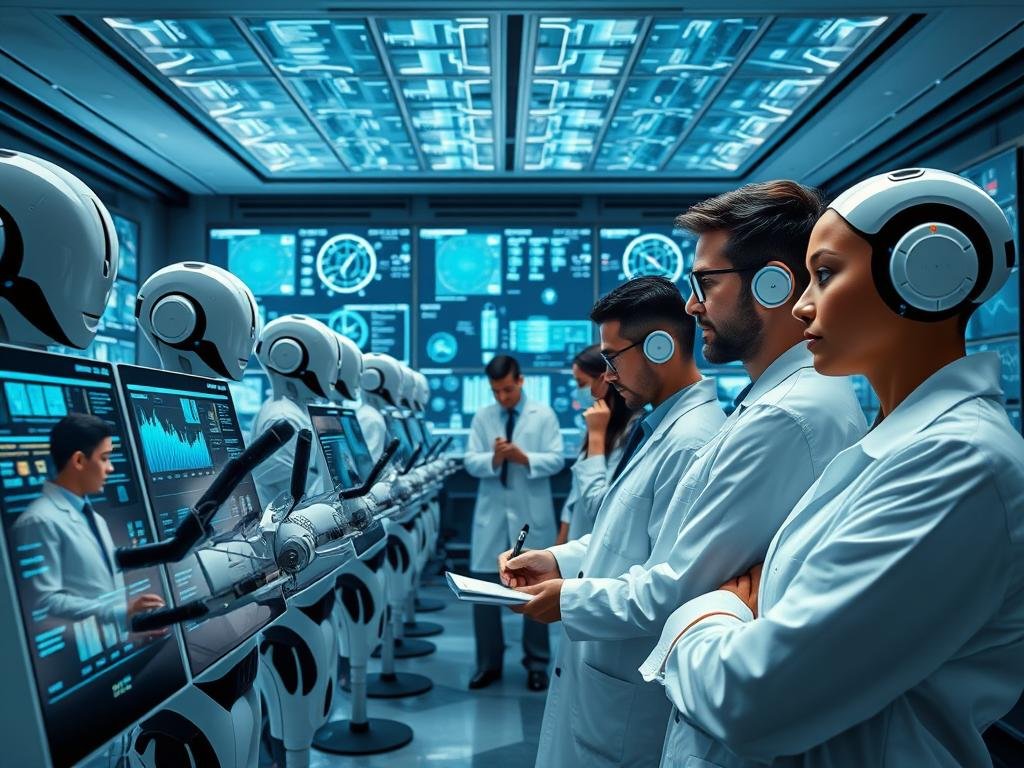 An elaborate laboratory setup with sleek, state-of-the-art AI assistants arranged in a row, undergoing a rigorous comparative evaluation. The foreground features the assistants, their digital displays showcasing intricate graphs, charts, and statistical data. The middle ground depicts a team of researchers in lab coats meticulously recording observations and analyzing the results. The background showcases a high-tech control room filled with advanced monitoring equipment, complex algorithms displayed on holographic screens. Soft, directional lighting accentuates the clinical, scientific atmosphere, while dynamic camera angles capture the intensity and precision of the AI assessment process.