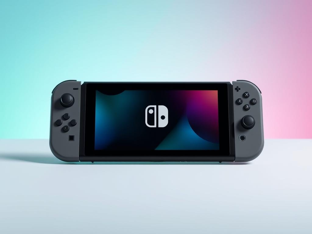 An elegantly designed Nintendo Switch 2 device, sleekly crafted with smooth lines and a minimalist aesthetic. The Joy-Con controllers are integrated seamlessly into the console's body, creating a unified, ergonomic form factor. The vibrant display is enhanced by precise backlighting, offering crisp visuals and a responsive touchscreen experience. The device is rendered in a matte black finish, accented by subtle silver trim, conveying a premium, high-tech vibe. Placed against a softly blurred, gradient background, the Nintendo Switch 2 is showcased in a meticulously lit studio setting, highlighting its refined, contemporary design.