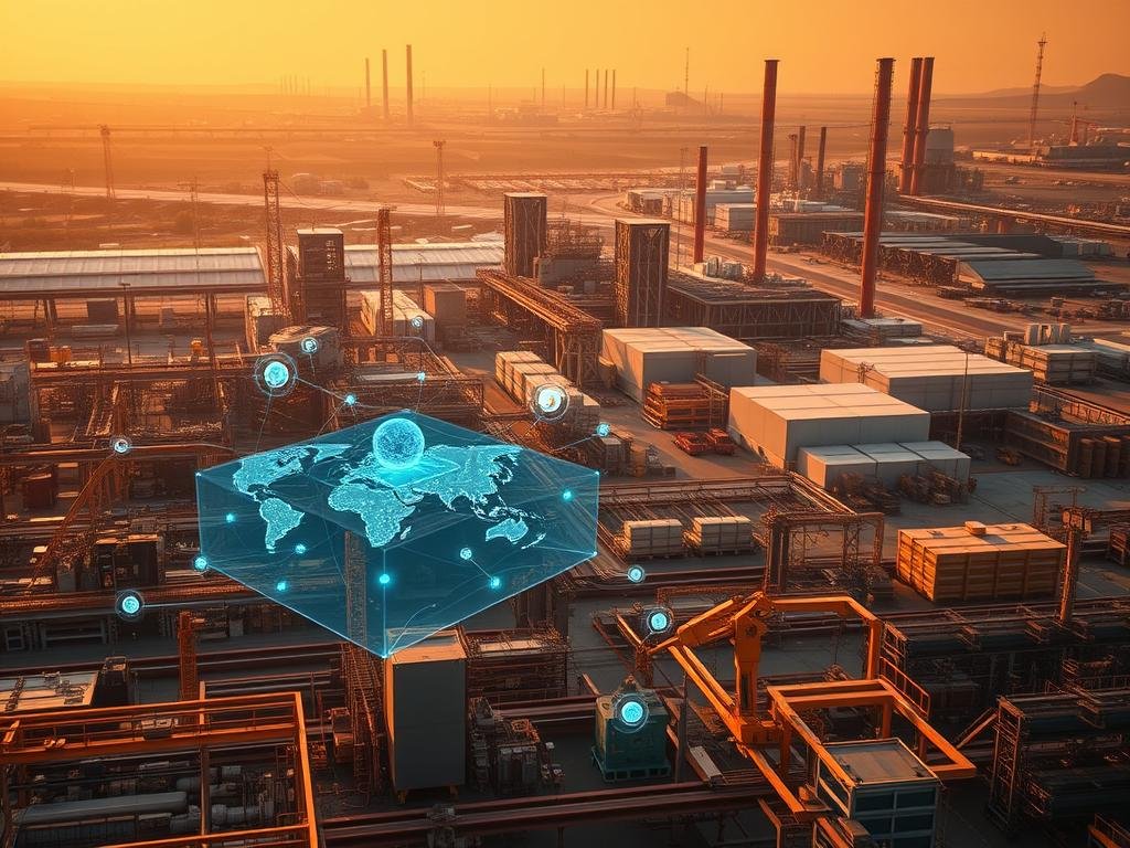 An expansive industrial landscape, bathed in a warm glow of amber hues. In the foreground, a network of interconnected sensors and devices seamlessly integrate, processing real-time data streams. Holograms and 3D visualizations float effortlessly, revealing insights and patterns hidden within the data. The middle ground features futuristic machinery, their robotic arms precisely orchestrating complex manufacturing processes. In the distance, towering factories and warehouses stand as monuments to the convergence of digital and physical worlds. Ambient lighting casts long shadows, conveying a sense of scale and the sheer magnitude of this industrial spatial computing ecosystem. A tranquil, yet dynamic scene, brimming with the promise of technological advancement and optimization.