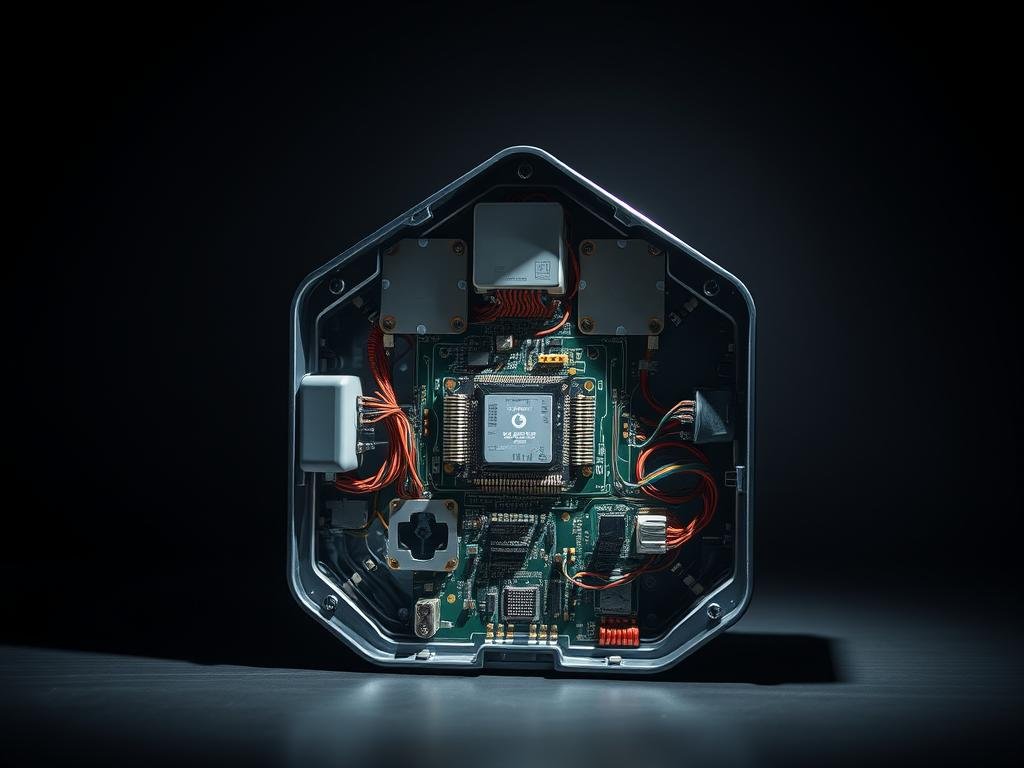 An exposed smart home hub with its internals displayed, showcasing the various vulnerabilities and weaknesses that hackers could exploit. The hub is illuminated by a harsh, directional light that casts dramatic shadows, highlighting the intricate circuitry and potential points of entry. The composition places the hub in the center, with a dark, ominous background that conveys a sense of unease and the potential for malicious activity. The level of detail should be high, allowing the viewer to understand the complex nature of smart home hub security challenges.