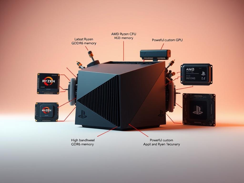 Detailed 3D rendering of the upcoming PlayStation 6 hardware specifications. Prominently featured in the center, a sleek and angular console design with intricate cooling vents and ports. Surrounding it, a constellation of technical components - the latest AMD Ryzen CPU, high-bandwidth GDDR6 memory, and a powerful custom GPU. The image is bathed in a warm, soft lighting, creating a sense of sophistication and precision engineering. The background fades into a minimalist studio setting, allowing the hardware to take center stage. The overall mood conveys a balance of cutting-edge technology and thoughtful industrial design.