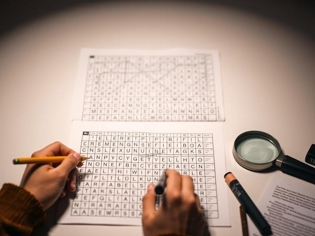 intricate crossword grid against a clean, minimalist background. in the foreground, a person's hands solving the puzzle with a pencil, capturing the focused concentration. the mid-ground features a magnifying glass, highlighter, and other crossword-solving tools, emphasizing the methodical techniques. soft, diffused lighting illuminates the scene, creating a calming, study-like atmosphere. camera angle slightly elevated to showcase the workspace. muted, earthy color palette evokes an intellectual, analytical mood suitable for the topic of efficiently solving mini crossword puzzles.