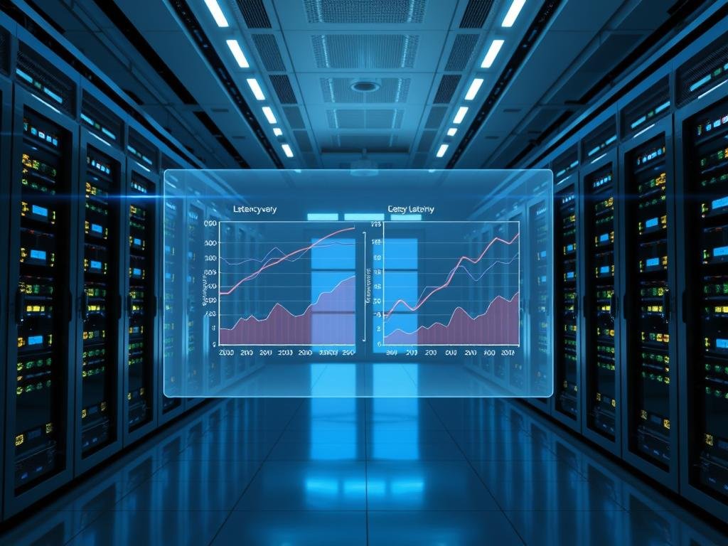 Latency Performance Comparison: A high-fidelity, wide-angle view of a sleek, futuristic data center filled with server racks and glowing displays. The room is bathed in cool, bluish lighting, creating a serene, technical atmosphere. In the foreground, a large holographic projection shows side-by-side graphs and charts comparing the latency performance of various cloud gaming platforms, rendered in a clean, minimalist style. The data is presented with precision, inviting the viewer to analyze and understand the nuances of cloud gaming latency. The overall scene conveys a sense of technological sophistication and the importance of low-latency performance in the future of cloud-based gaming.