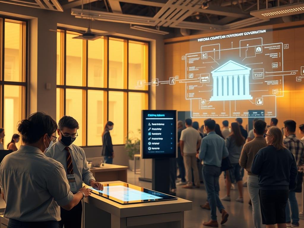 Prompt A bustling government office, illuminated by warm, natural lighting from large windows. In the foreground, a digital display showcases a blockchain-powered citizen identity and voting system. Government officials interact with touchscreen interfaces, seamlessly verifying identities and securely recording votes. In the middle ground, a sleek, minimalist property registry terminal, its database underpinned by distributed ledger technology. Citizens queue patiently, accessing public services efficiently. In the background, a holographic projection depicts a secure, tamper-resistant chain of custody for government documents and records. The atmosphere is one of innovation, transparency, and public trust in digital governance.