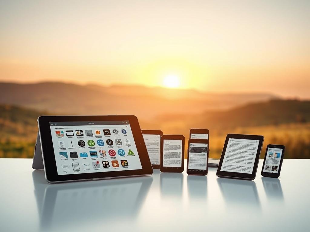 Prompt A serene Android e-ink app ecosystem, bathed in soft, natural lighting. In the foreground, a sleek e-ink tablet displays a range of productivity and reading apps, their interfaces designed for optimal readability and battery life. The middle ground showcases various e-ink devices, from e-readers to smart displays, seamlessly integrated through a cohesive Android ecosystem. In the background, a tranquil natural landscape with rolling hills and a gentle sunset, symbolizing the harmony between technology and the natural world. The overall scene conveys a sense of efficiency, convenience, and a distraction-free digital experience, perfectly suited for the modern, mindful consumer.