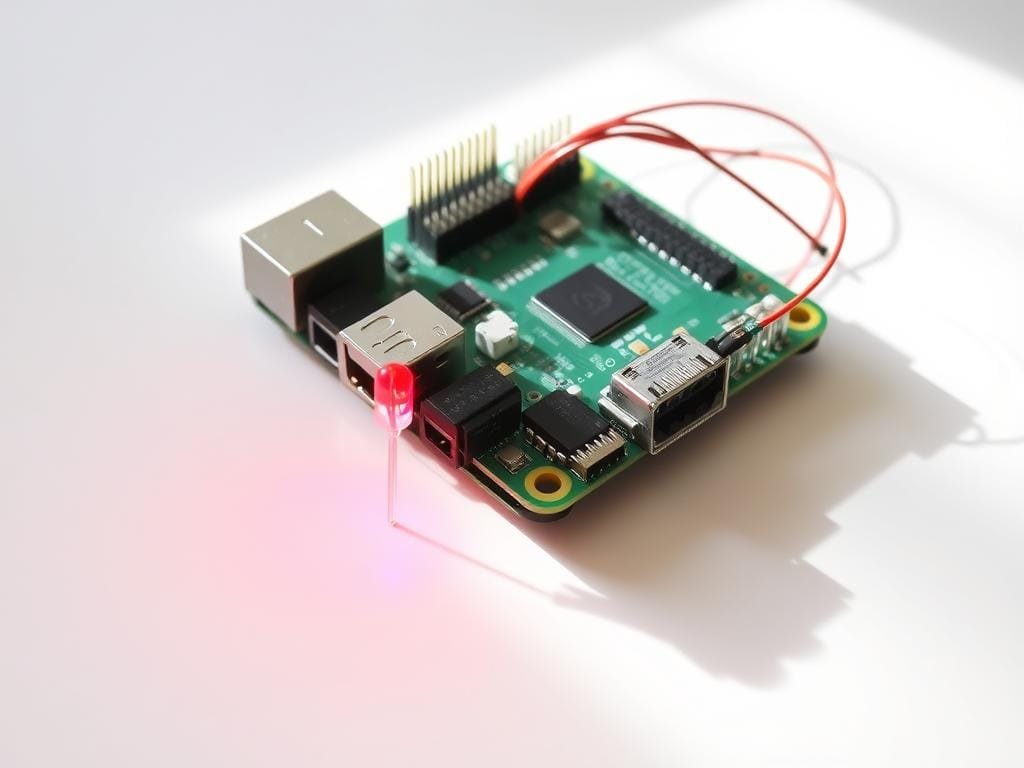A Raspberry Pi mounted on a clean, white surface, its ports and connectors clearly visible. A red LED is blinking rhythmically, its soft glow illuminating the surrounding area. The LED is connected to the Pi's GPIO pins via thin, colorful wires, neatly routed and organized. The scene is lit by a soft, natural light, creating subtle shadows and highlighting the texture of the components. The overall composition is clean, focused, and emphasizes the simplicity and functionality of this beginner-friendly electronics project.
