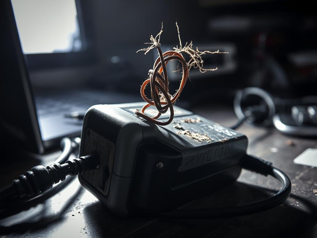 a battered and worn laptop charger sits on a cluttered desk, its once-shiny exterior now tarnished and scarred. twisted and frayed wires emerge from the damaged casing, hinting at the internal disarray. dim, flickering lighting casts an ominous glow, casting deep shadows that accentuate the charger's dilapidated state. the scene conveys a sense of neglect and the need for repair, capturing the essence of the "types of damage you might encounter" section of the "quick guide: fixing damaged power adapters" article.