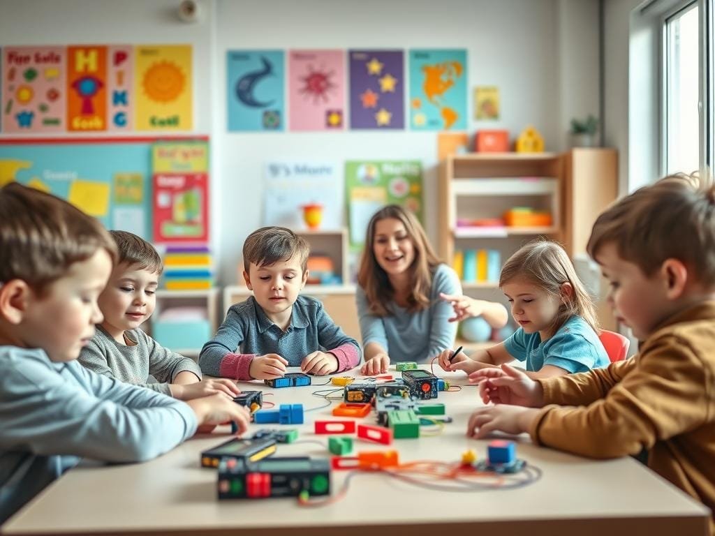 A bright, colorful classroom setting with young children enthusiastically engaged in coding activities. In the foreground, a group of kids sitting around a table, their faces full of concentration as they tinker with simple electronics and colorful coding blocks. In the middle ground, a teacher gestures excitedly, guiding them through the process. The background features vibrant educational posters, shelves filled with programming books and toys, and large windows letting in natural light. The scene conveys a sense of wonder, discovery, and the joy of learning essential coding skills at an early age. Soft, diffused lighting creates a warm, inviting atmosphere, and the camera angle is slightly low to capture the children's perspectives.