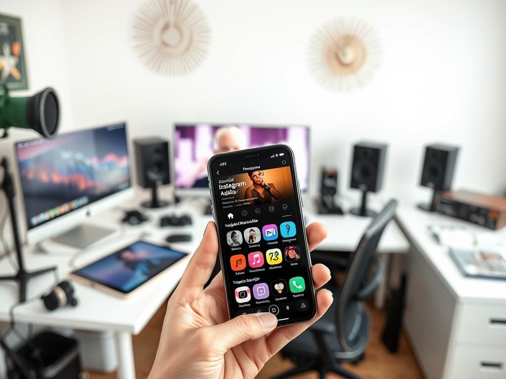 A brightly lit office workspace with a desktop computer, tablet, and various audio recording equipment. In the foreground, a hand holds a smartphone displaying a menu of popular Instagram audio tools. The middle ground showcases a collage of app icons, reflecting the diverse range of audio discovery and editing apps. The background features a minimalist wall decor, providing a clean and modern aesthetic. The overall composition conveys a sense of productivity, technology, and the creative process of finding and utilizing trending audio for social media content.