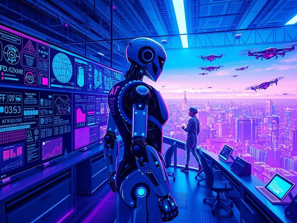 A bustling AI research lab, flooded with brilliant blue and purple hues. In the foreground, a sleek robotic humanoid stands poised, its circuits aglow with technological prowess. Surrounding it, a mesh of holographic interfaces, data visualizations, and intricate schematics, showcasing the complex algorithms and machine learning models that power the AI-driven non-player characters. In the background, a panoramic view of a futuristic cityscape, where autonomous vehicles and drone-like entities soar through the air, hinting at the broader technological advancements that enable the creation of these intelligent virtual beings. The entire scene exudes a sense of innovation, progress, and the boundless potential of AI-powered interactive experiences.
