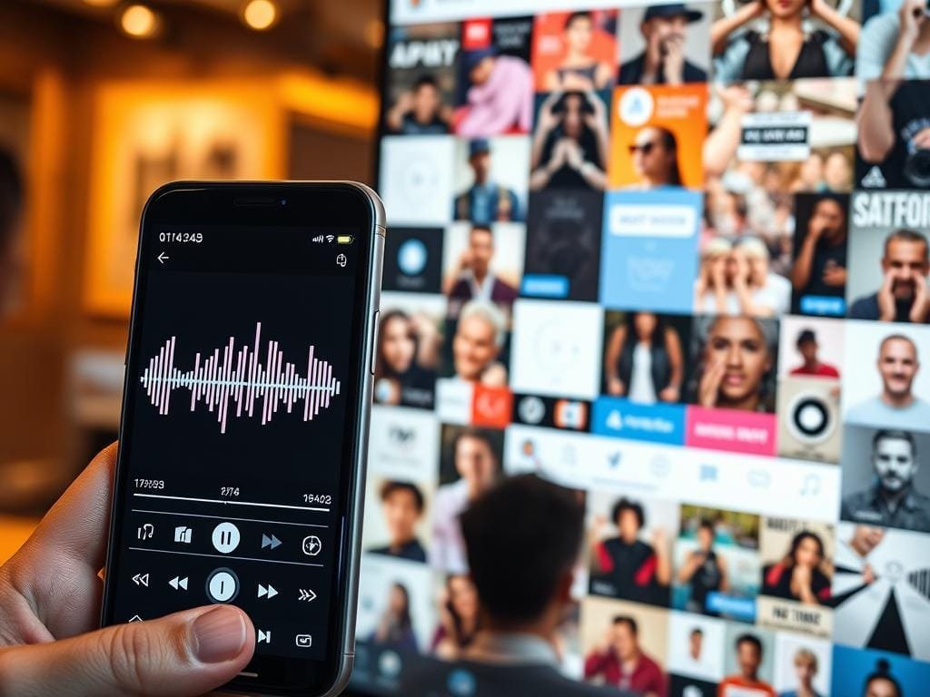 A bustling Instagram feed showcases audio marketing strategies. In the foreground, a sleek smartphone displays audio wave visualizations, hinting at the power of sound in social media. In the middle ground, a vibrant collage of trending audio icons, hashtags, and engagement metrics illustrates the data-driven approach to audio curation. The background features a stylized grid of Instagram profiles, emphasizing the collaborative nature of audio discovery and sharing within the platform's vibrant communities. Warm lighting casts a professional, yet dynamic atmosphere, conveying the potential for impactful audio-driven marketing on Instagram.