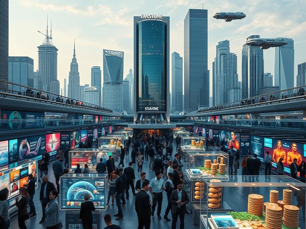 A bustling NFT marketplace set in a sleek, modern cityscape. In the foreground, holographic displays showcase a diverse array of digital assets - from vibrant digital art to utility-driven NFTs. Vendors and collectors mingle amidst a web of holographic interfaces, negotiating deals and exploring new possibilities for NFT integration across industries. The middle ground features a towering, futuristic exchange platform, its glass façade reflecting the dynamic flow of digital transactions. In the background, a skyline of gleaming skyscrapers and hovering transport vehicles hints at a world where NFTs have become seamlessly woven into the fabric of everyday life, transforming how we interact with the digital realm.