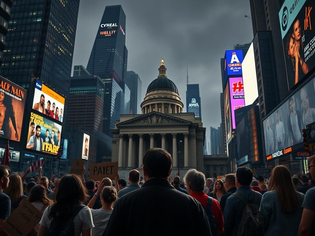 A bustling city scene, with towering skyscrapers and neon-lit billboards in the background. In the foreground, a group of people are standing in front of a large, imposing government building, engaged in a heated debate. They hold signs and banners, their expressions a mix of frustration and determination. The lighting is dramatic, with shadows and highlights that create a sense of tension and uncertainty. The overall atmosphere is one of challenge and controversy, reflecting the complexities and debates surrounding the process of digital verification.