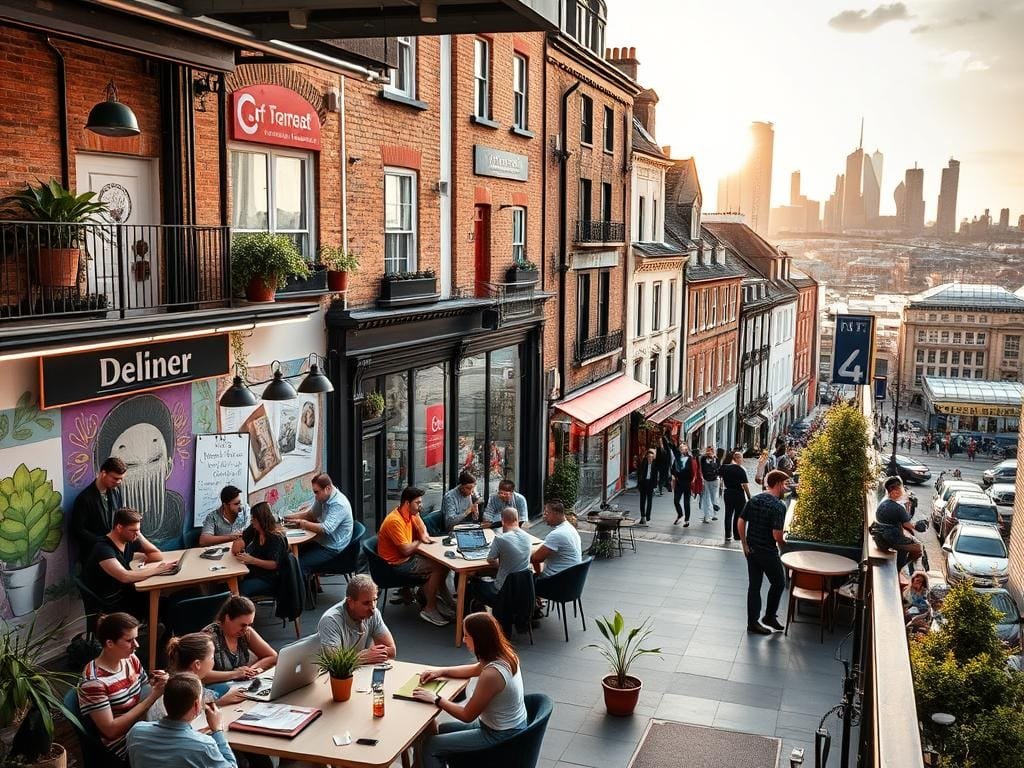 A bustling cityscape of London's creative industries, bathed in warm afternoon light. In the foreground, a lively co-working space with groups of designers, developers, and entrepreneurs collaborating at communal tables. Colorful murals and potted plants add a vibrant, creative atmosphere. In the middle ground, a street scene with independent boutiques, art galleries, and cafes - the heart of a thriving creative community. The background showcases the iconic skyline of London, blending historic architecture with modern skyscrapers. An overall sense of dynamism, innovation, and collective energy permeates the scene.