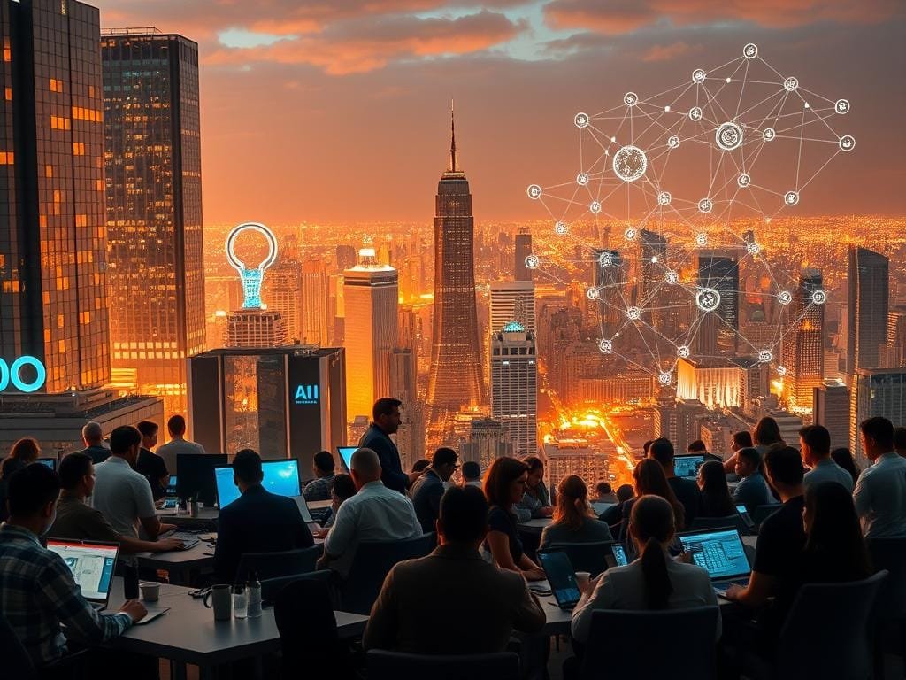 A bustling cityscape with towering skyscrapers and a vibrant tech hub, illuminated by warm, golden lighting. In the foreground, a diverse group of professionals deeply immersed in AI-driven tasks - coding on sleek laptops, analyzing complex data visualizations, and collaborating on innovative projects. The middle ground features a dynamic flow of information, with holographic displays, interconnected neural networks, and futuristic interfaces. In the background, a panoramic view of the city skyline, showcasing the scale and rapid evolution of the AI-powered job market. The overall atmosphere conveys a sense of technological prowess, collaboration, and the transformative impact of artificial intelligence on the modern workforce.
