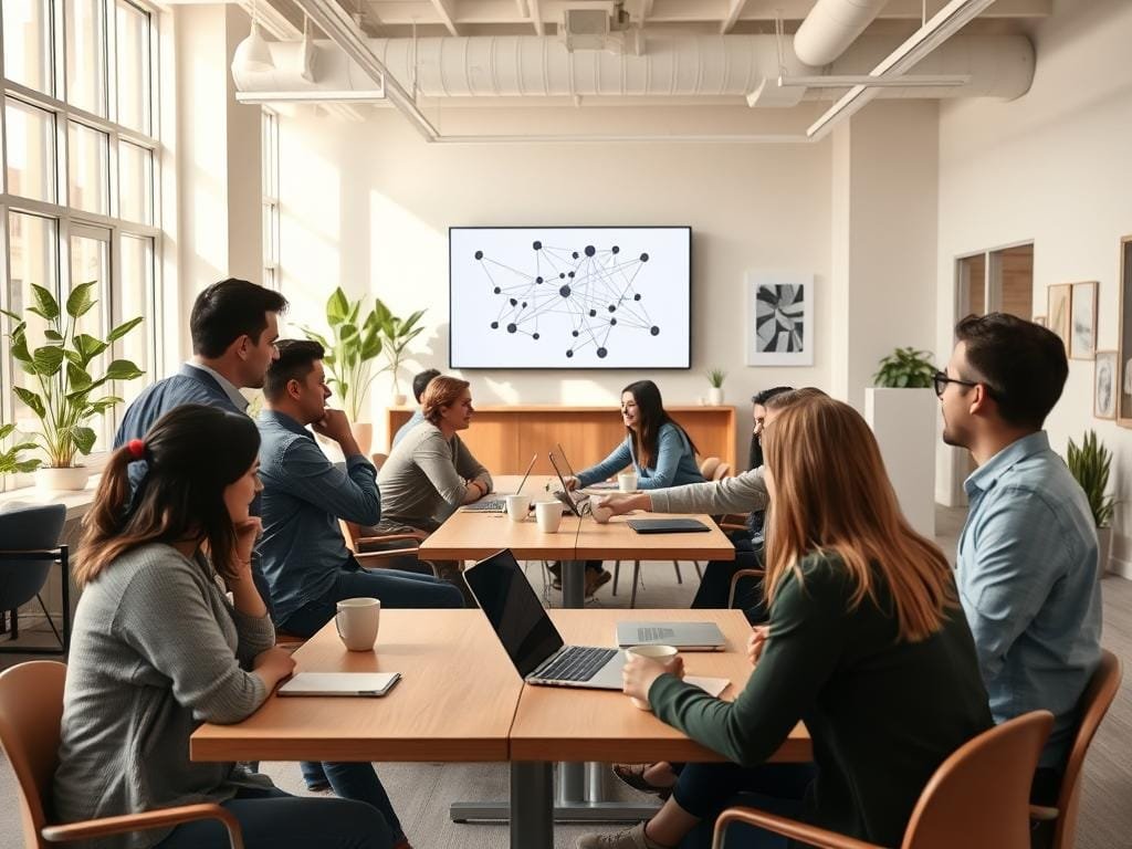 A bustling co-working space, sunlight streaming through large windows, professionals in casual attire engaged in animated discussions, laptops and coffee mugs scattered on sleek wooden tables. In the foreground, two people shake hands, while others sit in small groups, heads bent together in conversation. The middle ground features a large wall-mounted screen displaying a network visualization, lines connecting nodes in a complex web. In the background, a reception area with potted plants and modern art adorns the walls, conveying a sense of creativity and collaboration. Soft, muted tones create an inviting, professional atmosphere, the perfect setting for productive networking.