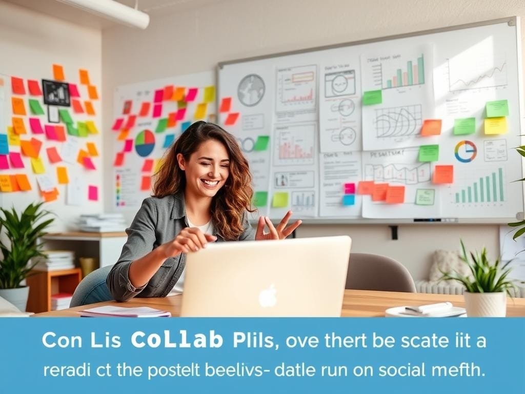 A bustling collaborative workspace with two people working together on a laptop, surrounded by vibrant color-coordinated sticky notes, charts, and diagrams pinned to the walls. The lighting is soft and natural, creating a warm, productive atmosphere. The scene is captured from a slight overhead angle, emphasizing the sense of teamwork and camaraderie. In the foreground, the collaborators' hands are gesturing as they discuss their strategy, while in the background, a large whiteboard displays their plans and ideas. The overall composition conveys the benefits of using collab posts to boost engagement and reach on social media.