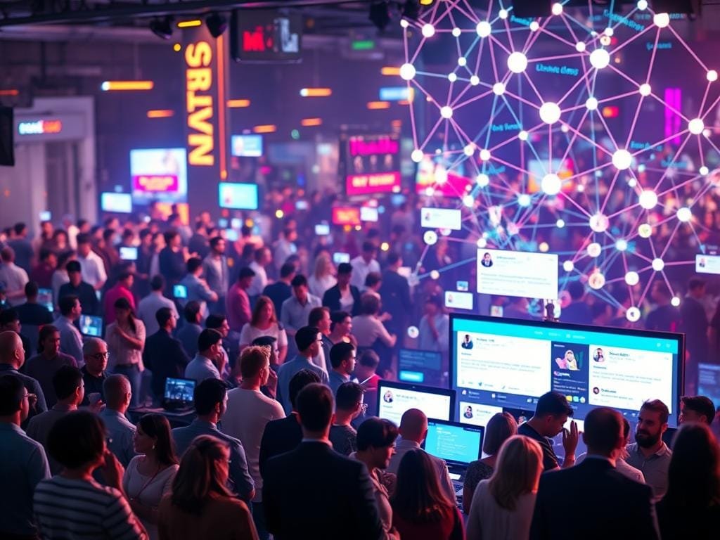 A bustling digital landscape, with vibrant social media platforms taking center stage. In the foreground, a diverse array of connected users engage in lively discussions, sharing content and building relationships. The middle ground showcases a dynamic feed of updates, likes, and comments, captured in a sleek, modern aesthetic. In the background, a stylized network of digital connections and data flows, representing the intricate web of social interactions. Warm, diffused lighting casts a sense of energy and collaboration, while a slightly low camera angle emphasizes the sense of immersion and involvement. The overall scene conveys the power of social media to foster engagement, collaboration, and a shared sense of community.