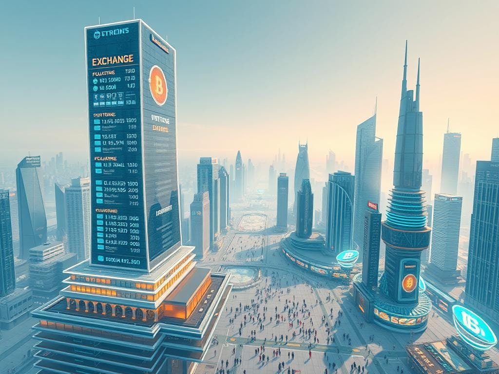 A bustling digital metropolis suspended in a sleek, holographic landscape. In the foreground, a towering virtual exchange, its holographic displays showcasing fluctuating crypto assets and NFT valuations. Surrounding it, a network of gleaming skyscrapers and bustling plazas, where avatars engage in immersive commerce, trading and crafting digital goods. In the middle ground, a hive of activity as users navigate the seamless integration of virtual and physical worlds, blurring the lines between reality and the metaverse. The background fades into a soft, ethereal glow, hinting at the endless potential of this new economic frontier. Crisp, high-definition lighting illuminates the scene, captured through a wide-angle lens to convey the scale and dynamism of the metaverse economy.