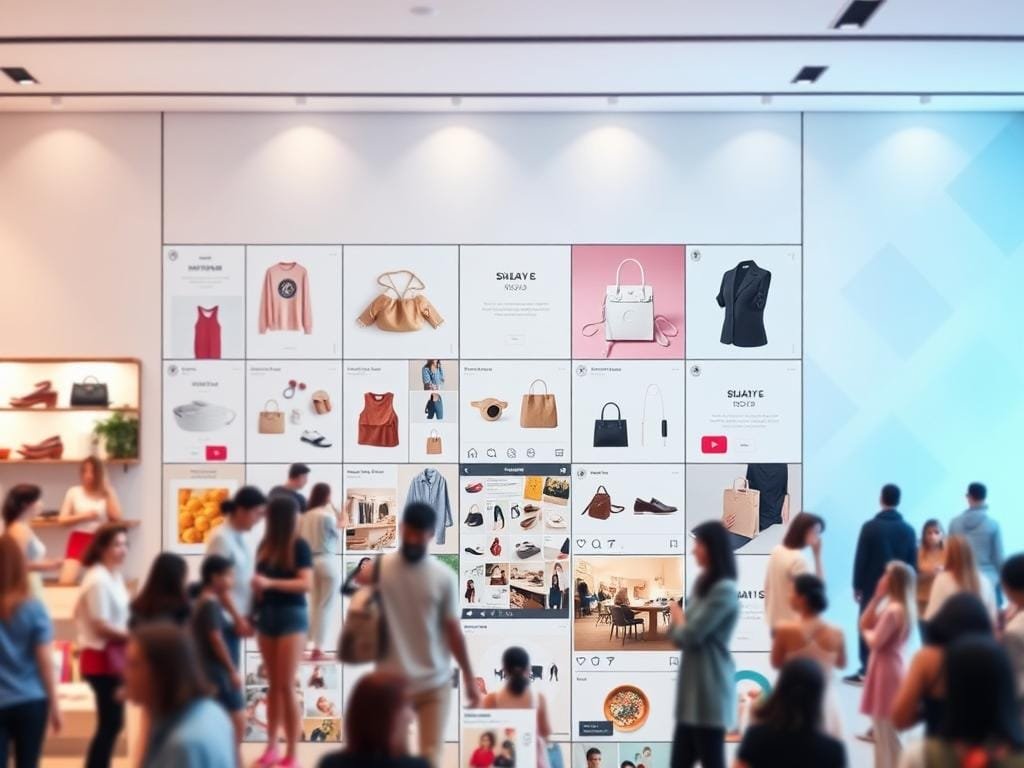 A bustling e-commerce scene unfolds in an immersive Instagram feed, showcasing a diverse array of products against a sleek, minimalist backdrop. In the foreground, neatly curated product images and lifestyle shots engage the viewer, inviting them to explore the shoppable grid. The middle ground features intuitive UI elements, seamlessly blending interactive shopping features with the visually appealing Instagram aesthetic. In the background, a soft, diffused lighting creates a warm, inviting atmosphere, complemented by subtle gradient patterns that add depth and visual interest. The overall composition conveys the effortless integration of shopping and social media, hinting at the powerful potential of Instagram as a lucrative sales platform for creators and small businesses.