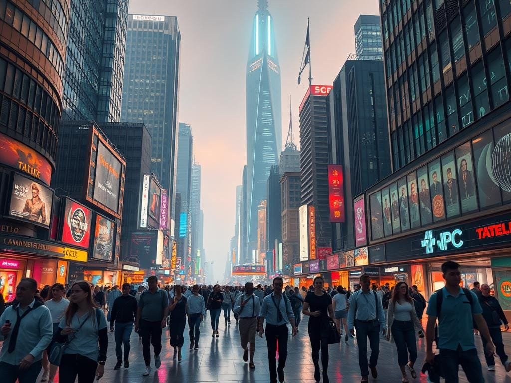 A bustling futuristic cityscape, with towering skyscrapers and holograms illuminating the night sky. In the foreground, a group of AI-powered NPCs stroll through the streets, their movements and interactions seamlessly blended with the urban environment. The NPCs exhibit a range of distinct personalities, each with their own unique mannerisms and behaviors, driven by advanced algorithms that make them feel lifelike and responsive. The scene is bathed in a warm, neon-tinged lighting, creating an atmosphere of technological wonder and innovation. The camera angle is slightly elevated, offering a panoramic view that showcases the scale and complexity of this AI-powered world.